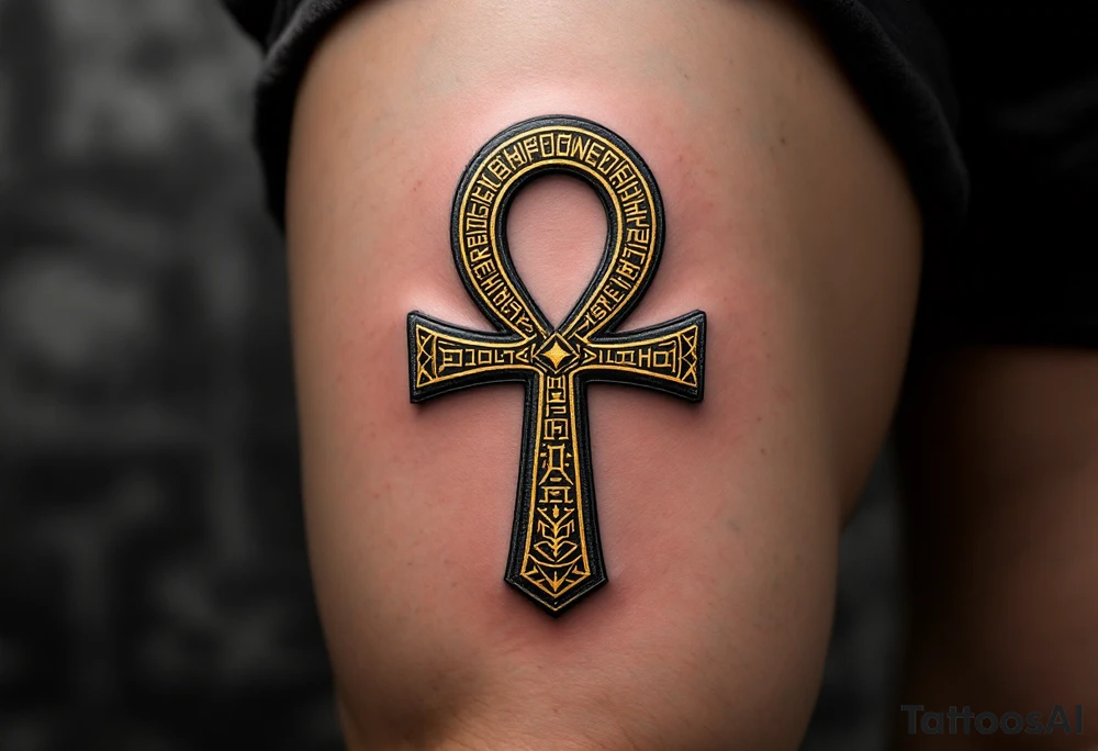 A golden Ankh with intricate hieroglyphs engraved tattoo idea