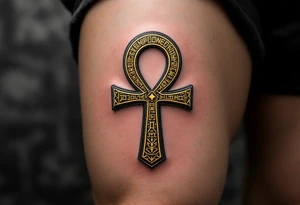 A golden Ankh with intricate hieroglyphs engraved tattoo idea