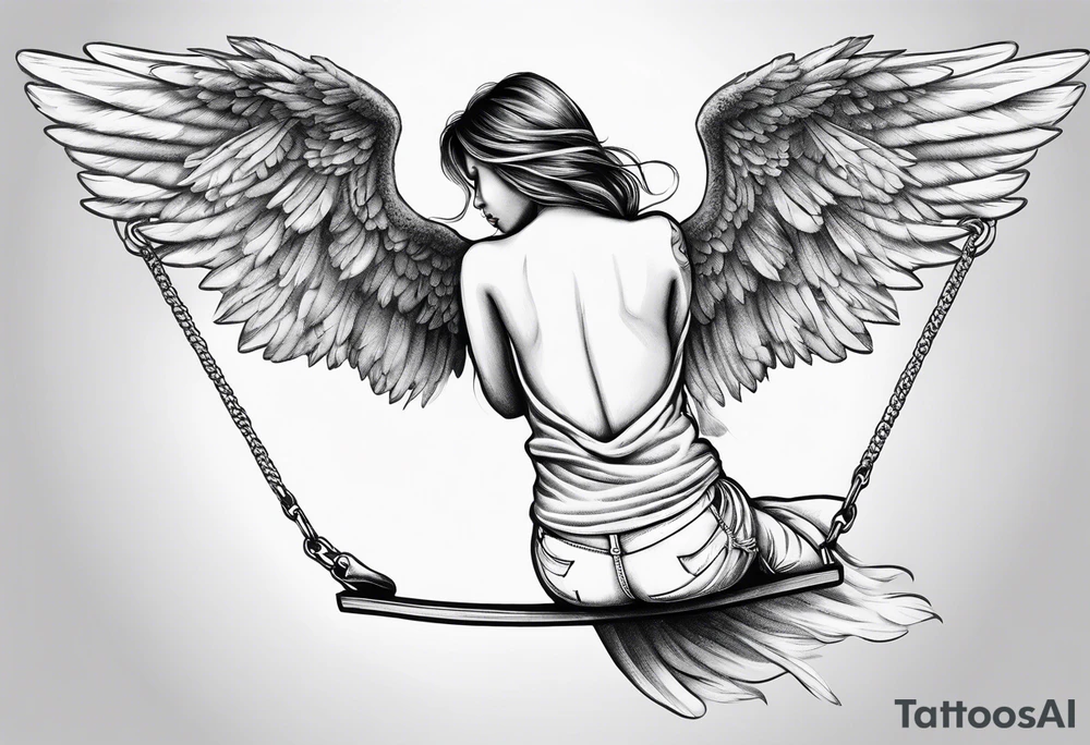 angel on swing with sagging wings, head down tattoo idea