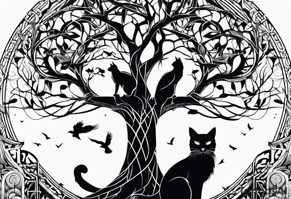 world tree with a cat and a raven and knotwork upper arm tattoo tattoo idea