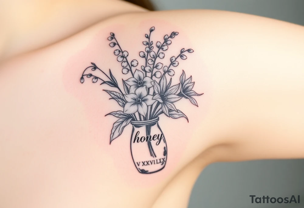 lily of the valley, hawthorn and birds of paradise flowers in a vase that says 'honey' on it with V.XXVI.LXX tattoo idea