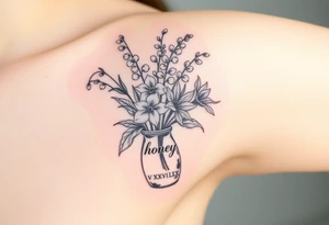 lily of the valley, hawthorn and birds of paradise flowers in a vase that says 'honey' on it with V.XXVI.LXX tattoo idea