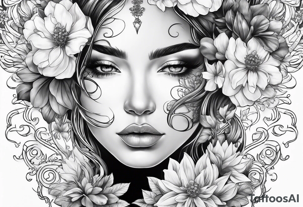 fine line tattoo with woman facing forward flowers covering her eyes and forehead with flowers growing out of her head tattoo idea fine line tattoo with woman facing forward flowers covering her eyes and forehead with flowers growing out of her head tattoo idea