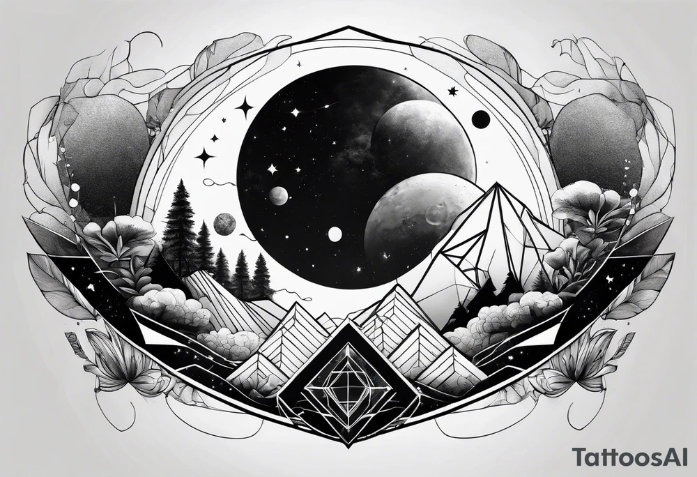 geometric half sleeve tatoo, space, nature tattoo idea