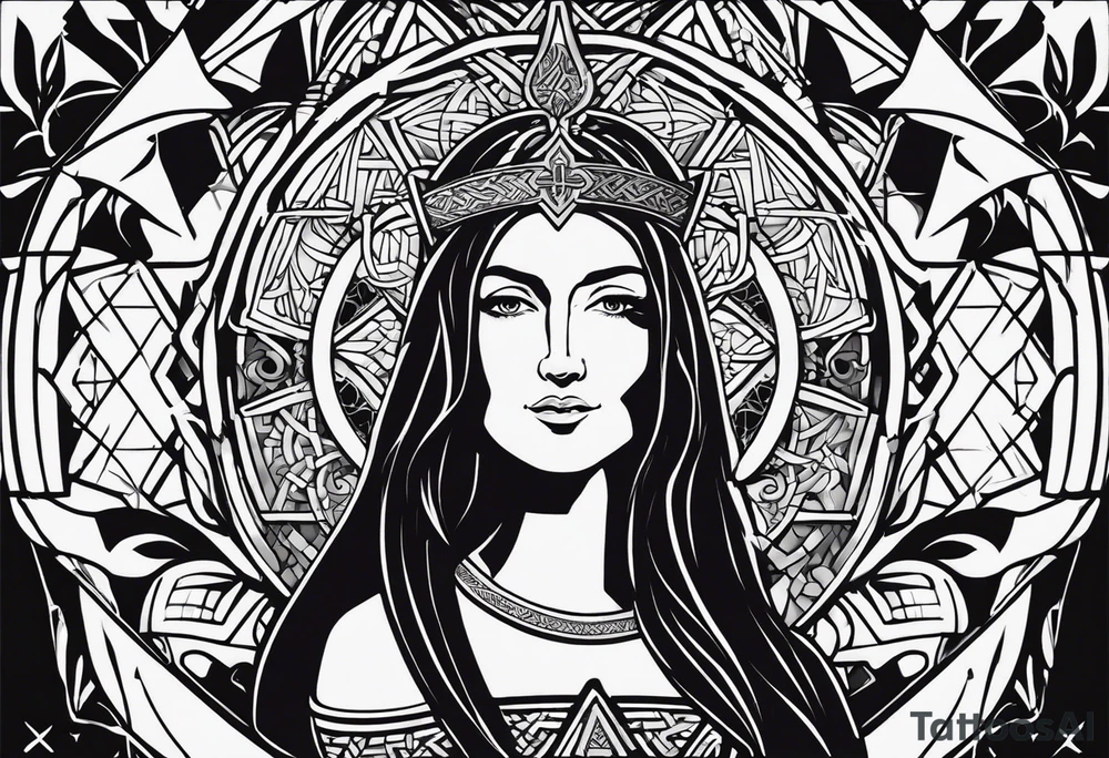 A full back piece themed on the surname mcbride and the irish saint brigid. It should take inspiration from artwork of saint brigid holding fire in her hands. It should have the text Vincit Pericula Virtus on it tattoo idea