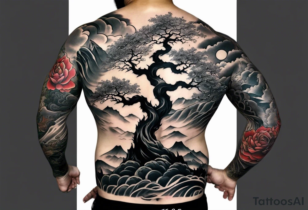 Full arm sleeve, tree going up to shoulder dead tree going down to wrist, wrapped in a serpent moving down with mountain, water, and demon tattoo idea