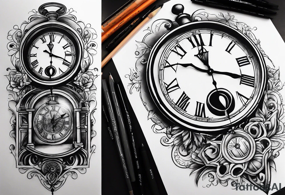 Draw me a tattoo located on the shoulder and upper arm of a man. The tattoo represents a clock and  an hourglass with Roman numerals in the background. It is a symbol of the passing of time. tattoo idea