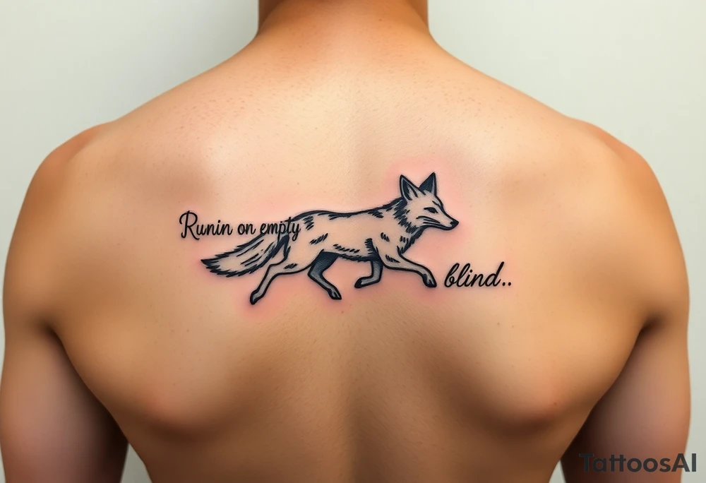 Lyrics to Jackson brownes runnin on empty. “Runnin on empty, runnin blind” with an outline sketch of a running fox in between  the two set of lyrics tattoo idea