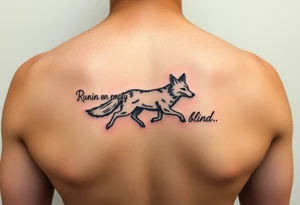 Lyrics to Jackson brownes runnin on empty. “Runnin on empty, runnin blind” with an outline sketch of a running fox in between  the two set of lyrics tattoo idea
