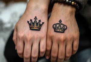 Minimalist black king and queen crowns with gold and silver accents on the outer hands of couple celebrate your royal bond. tattoo idea