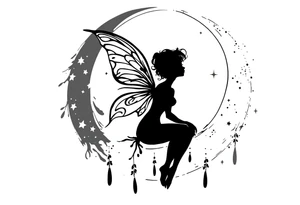 Silhouette of a Fairy sitting on moon with dangles. tattoo idea