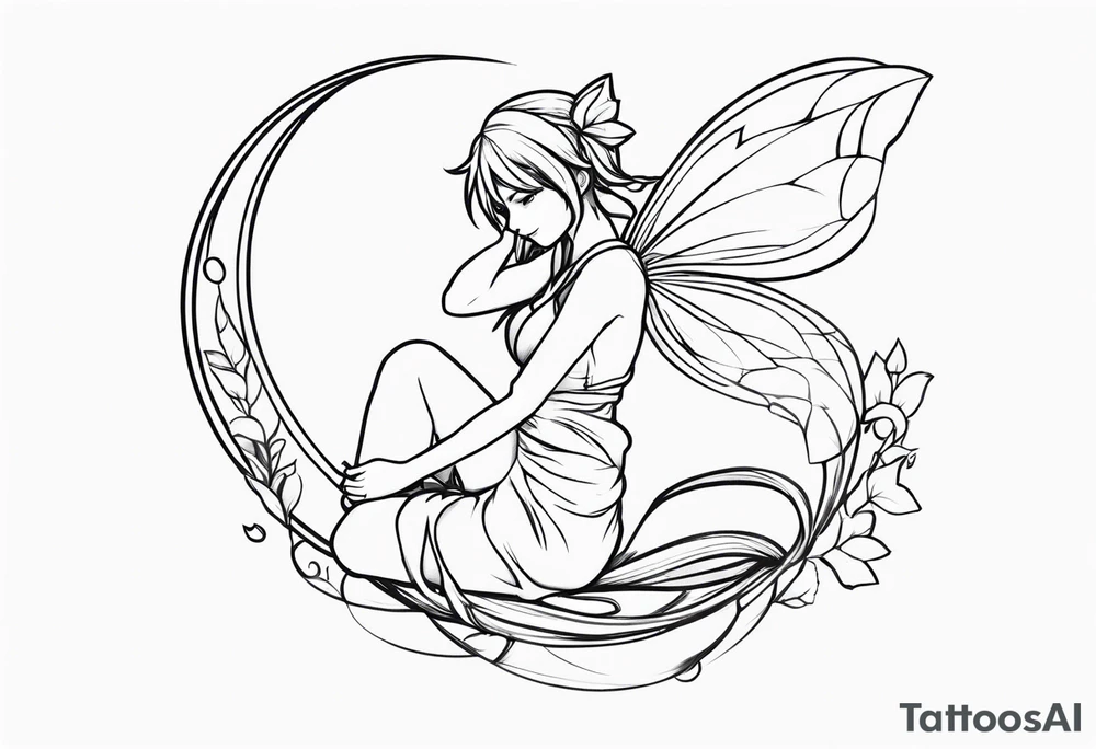 No color sketch of a fairy with a tail inspired by the guild symbol in the anime show called Fairy Tail in a fetal position leaning in and forward while crawled in hugging herself floating tattoo idea