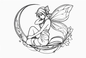 No color sketch of a fairy with a tail inspired by the guild symbol in the anime show called Fairy Tail in a fetal position leaning in and forward while crawled in hugging herself floating tattoo idea