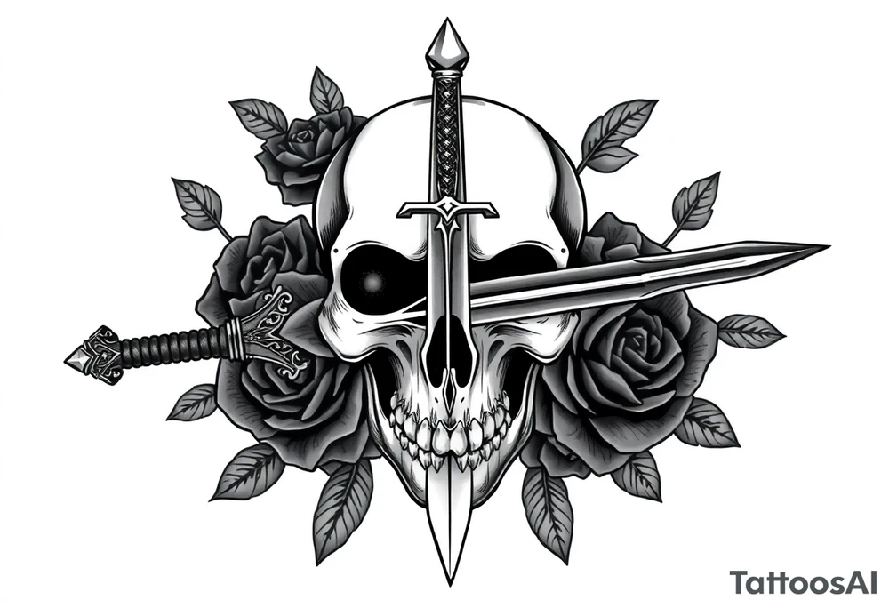 Skull and dark roses, one ornate broadsword piercing through. tattoo idea