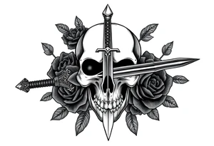 Skull and dark roses, one ornate broadsword piercing through. tattoo idea