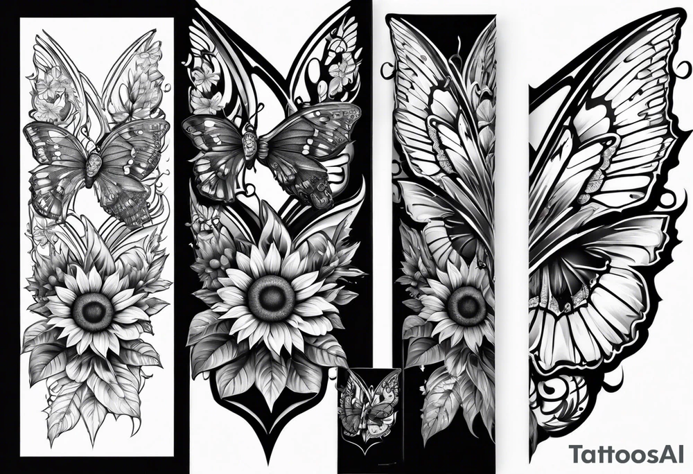 Arm sleeve with Winged cross with sunflower and butterflies tattoo idea