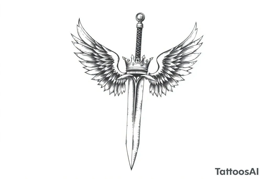 A sword with wings on the handle and a crown over the sword tattoo idea