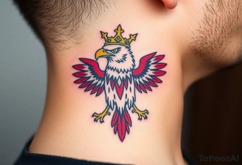 A majestic red and white Moravian eagle with golden crown on its head with intricate tribal patterns tattoo idea