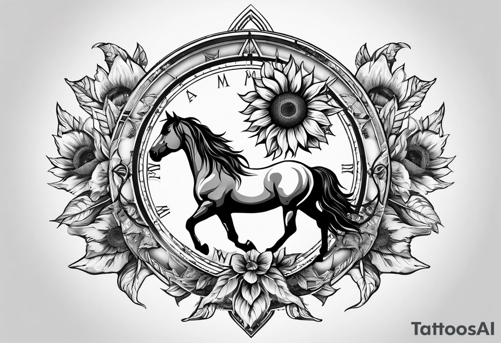 Horse, compass, sunflower tattoo idea