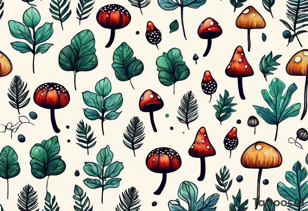 forest floor inspired minimalist tattoo, which includes grass, curly ferns, moss and dead leaves as the bulk of the tattoo. details to include: forest berries, a tiny bumblebee flying nearby, three small brown mushrooms
Generate a vertically long one tattoo idea