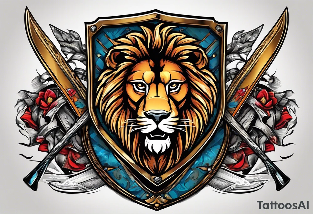 skis crossed in x with a shield in front of them and a lion on the shield tattoo idea