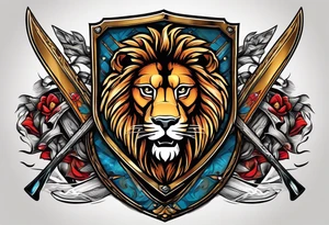 skis crossed in x with a shield in front of them and a lion on the shield tattoo idea