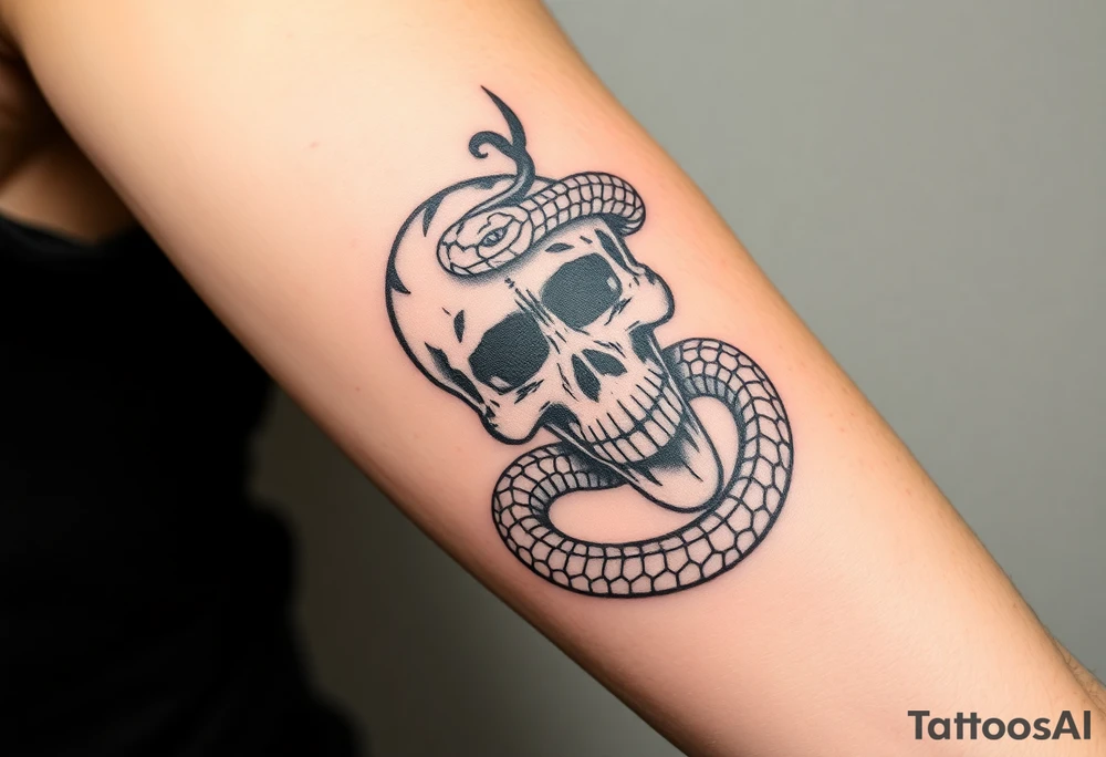 A hyper-realistic Dark Mark, with the snake slithering around the skull, coiled in a hypnotic pose tattoo idea