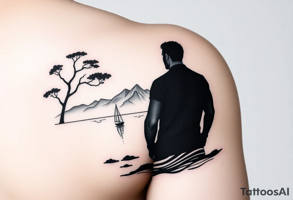 I want a minimalist design that will go on my right bicep, of a man's silhouette of a man on a shoreline, with a tree to his left, looking out at mountains in the distance, and a sailboat in the foreground.  but I want this around the arm, elbow and bicep area tattoo idea