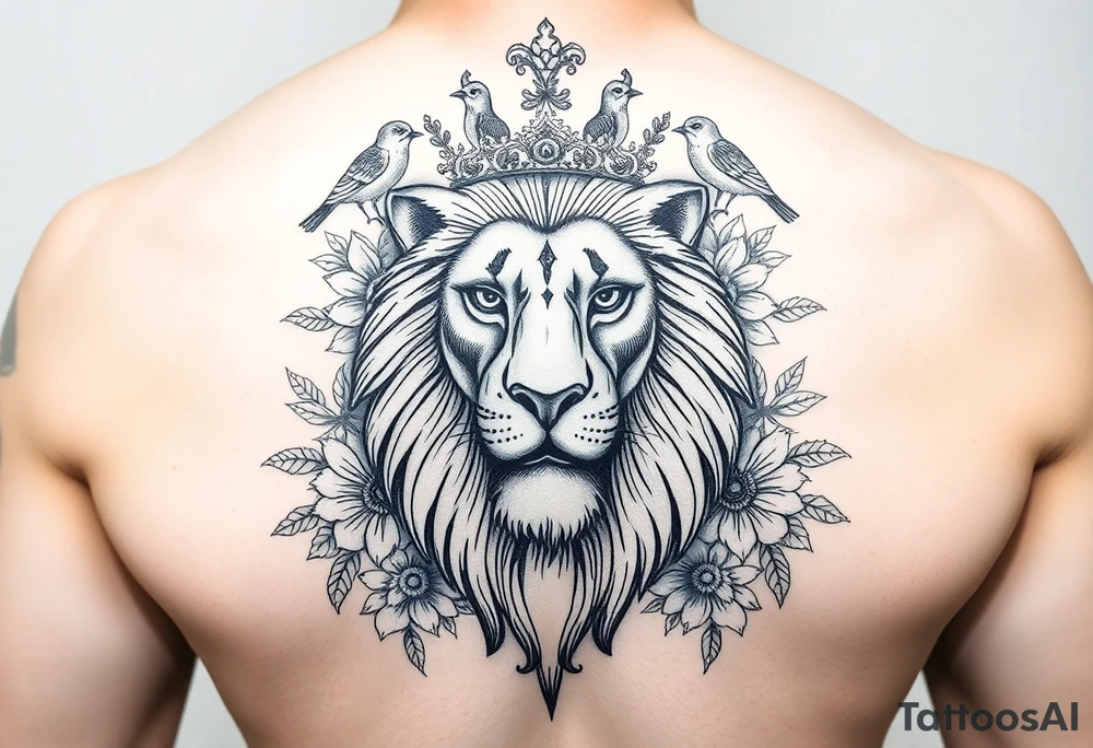 powerful majestic lion with a crown, surrounded by floral ornaments and birds tattoo idea