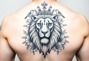 powerful majestic lion with a crown, surrounded by floral ornaments and birds tattoo idea