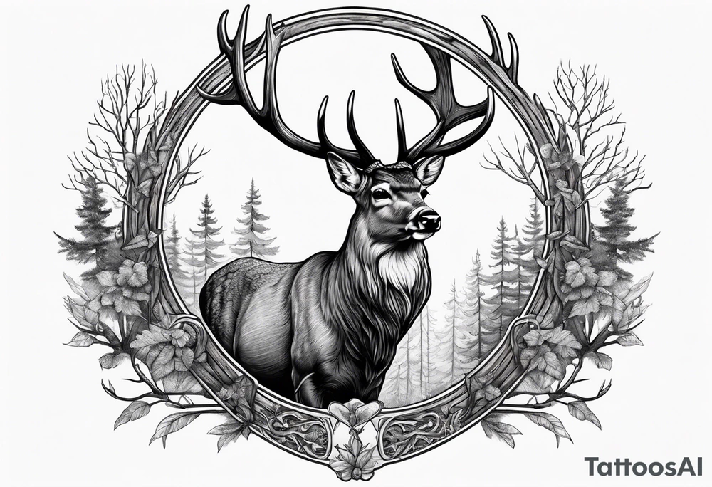 Deer in wood with big rack with deer antler frame tattoo idea