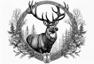 Deer in wood with big rack with deer antler frame tattoo idea