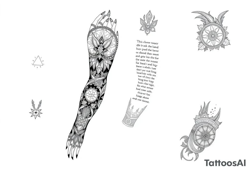 long shaman and witch  style mytical sleeve with ancient rhyme tattoo idea