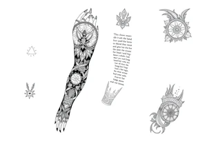 long shaman and witch  style mytical sleeve with ancient rhyme tattoo idea