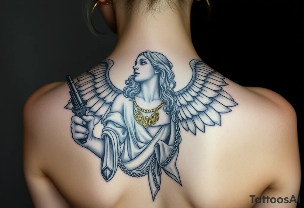 old angel statue in criminal style, tattooed and at the same time contemporary, weapons in hand, gangster-style gold necklaces tattoo idea