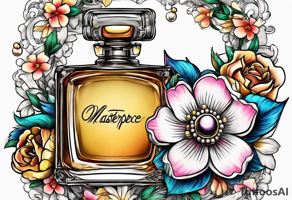 Pearl necklace wrapped around 1950s perfume bottle with flowers and bows surrounding tattoo idea