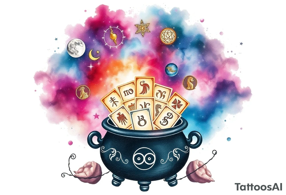 Milky way galaxy filled with zodiac symbols runes tarot cards coming out of a cauldron tattoo idea