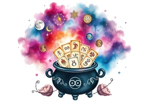 Milky way galaxy filled with zodiac symbols runes tarot cards coming out of a cauldron tattoo idea