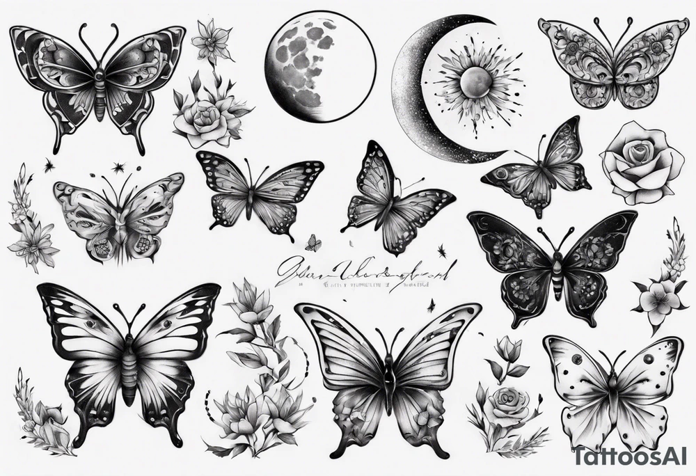 Butterfly wrap tattoos with moon and floral theme tattoo idea
