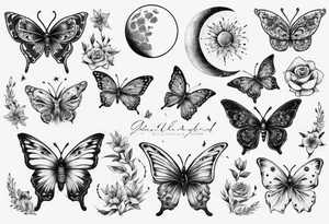 Butterfly wrap tattoos with moon and floral theme tattoo idea