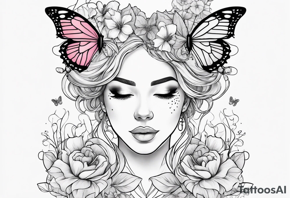 Out line of a woman from below her head holding a heart with flowers sprouting from the top of the heart into her head and butterflies flying around the flowers tattoo idea