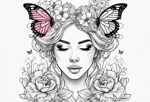 Out line of a woman from below her head holding a heart with flowers sprouting from the top of the heart into her head and butterflies flying around the flowers tattoo idea