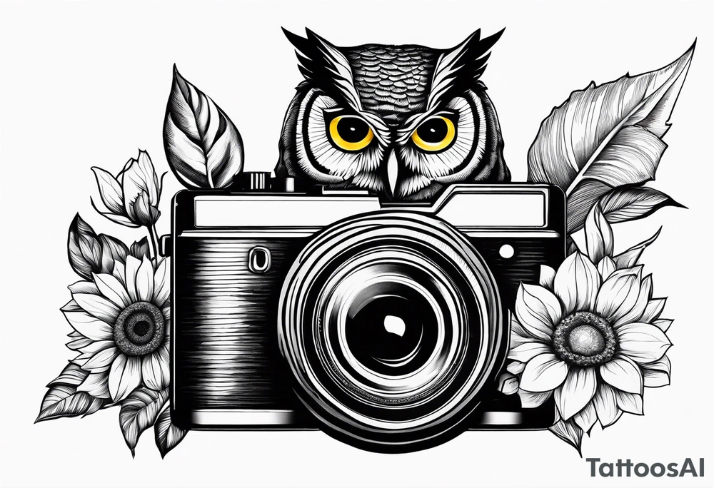 Sunflower, camera, book, owl, flower rose tattoo idea