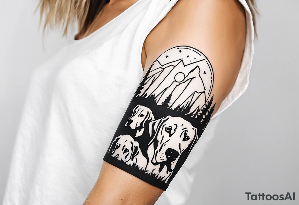 Arm sleeve that has 4 separate small Great Dane heads mixed in with other fill work that resembles the outdoors tattoo idea