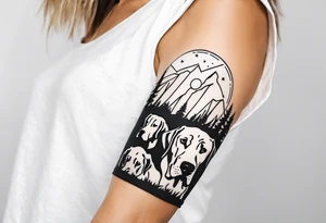 Arm sleeve that has 4 separate small Great Dane heads mixed in with other fill work that resembles the outdoors tattoo idea