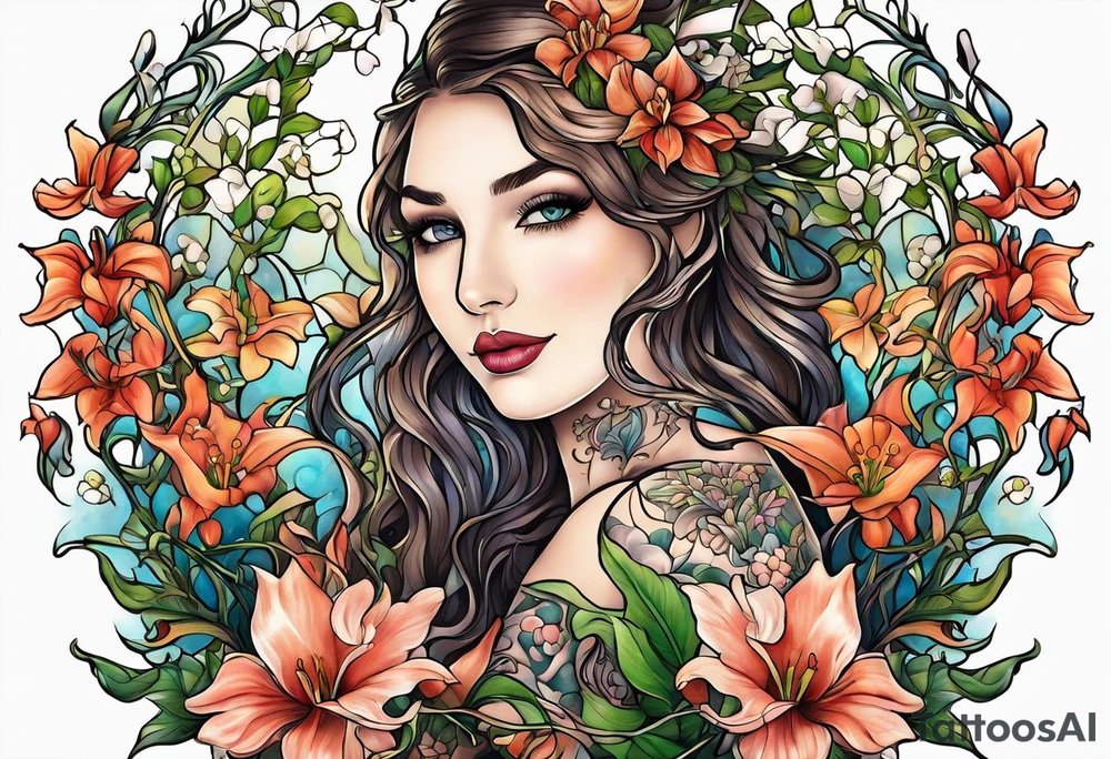 The words, "All the Things. Everywhere." Surrounded by vines and Lilly of the Valley and Larkspur flowers tattoo idea