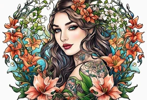 The words, "All the Things. Everywhere." Surrounded by vines and Lilly of the Valley and Larkspur flowers tattoo idea