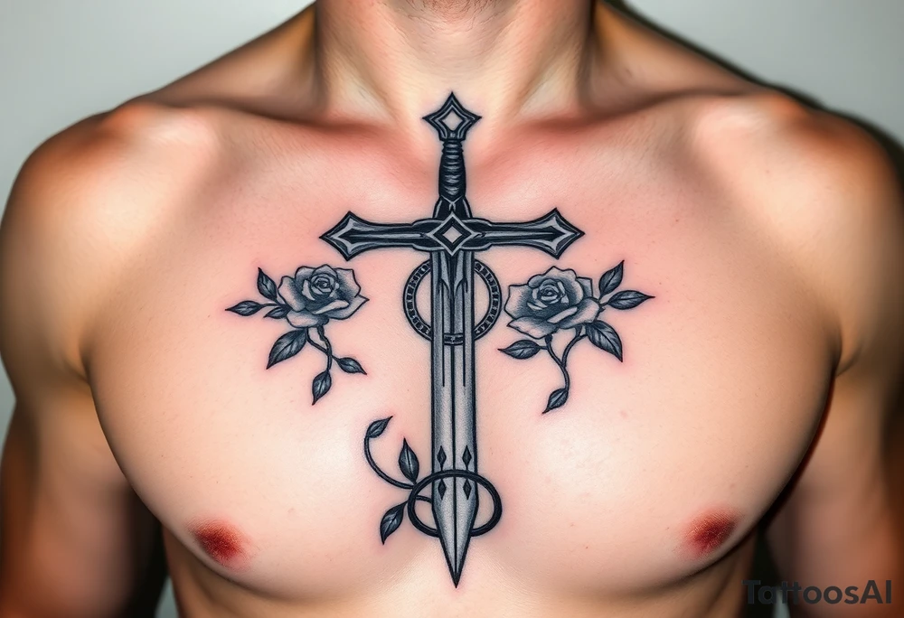 A gothic cross with a sword tip on the bottom going through an infinity sign and has roses and vines growing around tattoo idea