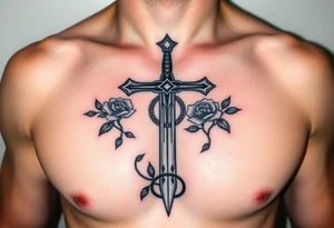 A gothic cross with a sword tip on the bottom going through an infinity sign and has roses and vines growing around tattoo idea