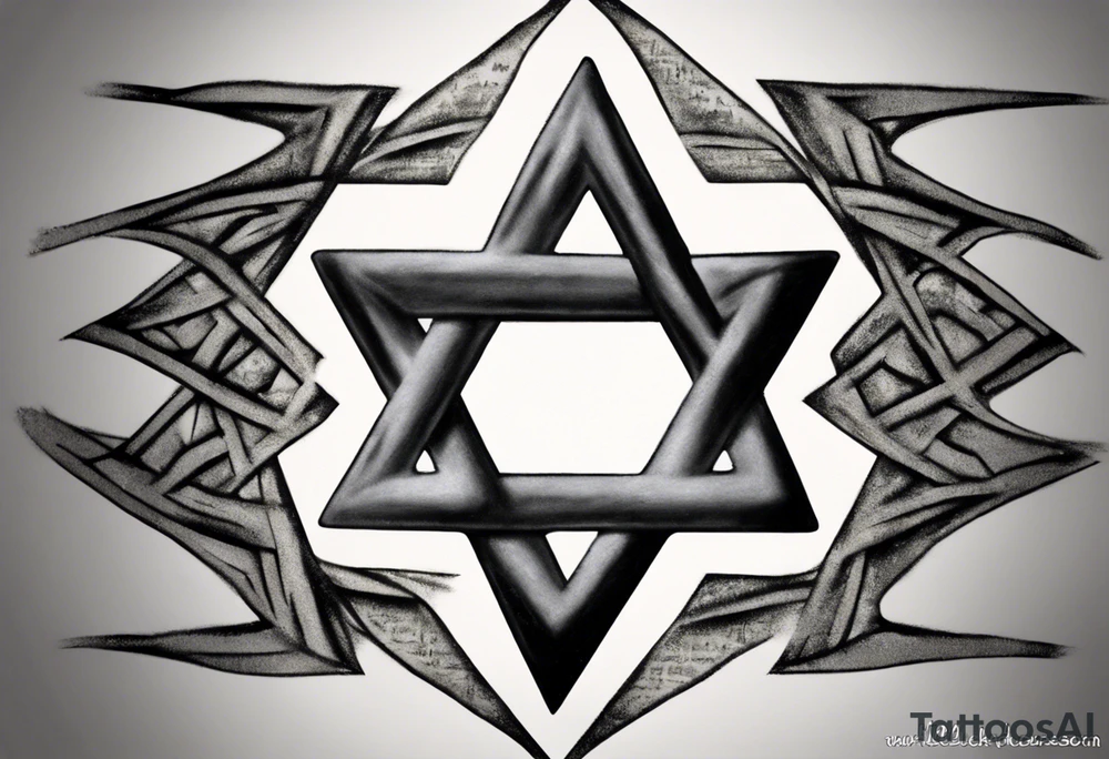 Generate a small 3”x3” tattoo with a rough metal tarnished Star of David using black & grey ultra realism tattoo style that looks as if it was woven into the muscles of the of the left peck. With “Pain is Power. Use it to help heal the world” inscribed on the Start of David like it was chiseled into the steel leaving it looking clean cut and gleaming tattoo idea